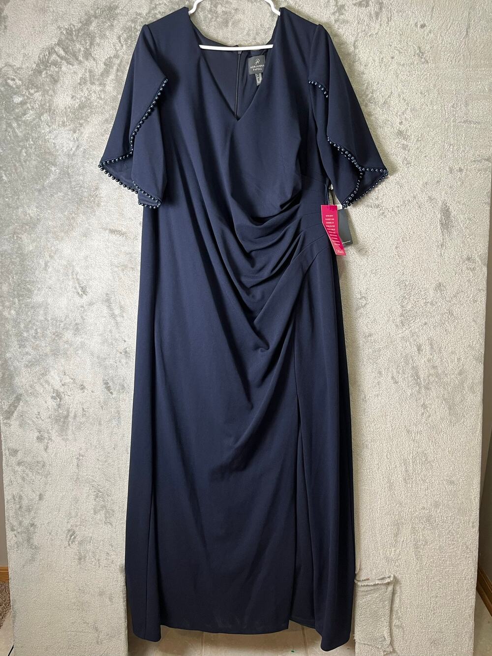 Adrianna‎ Papell Pearl Trim Knit Crepe Gown 20W Midnight Navy Formal New